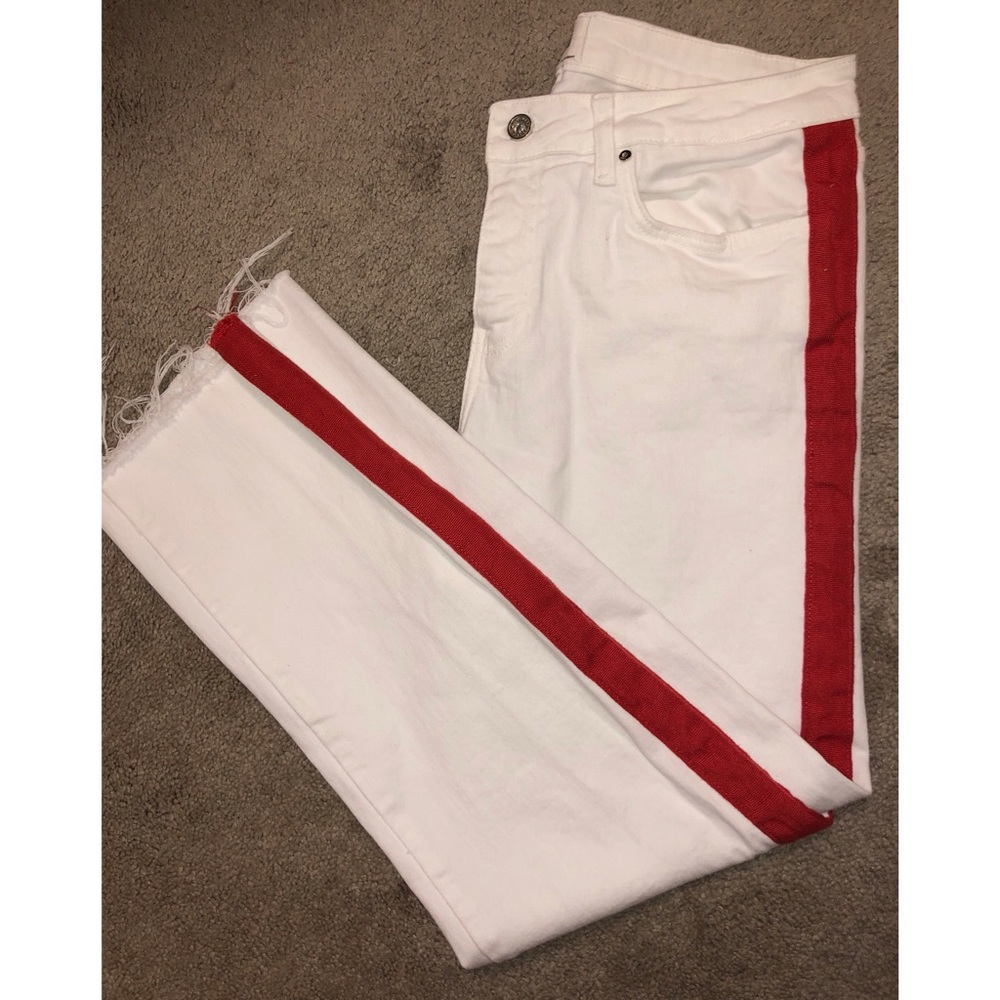 Zara white straight jeans with red stripe